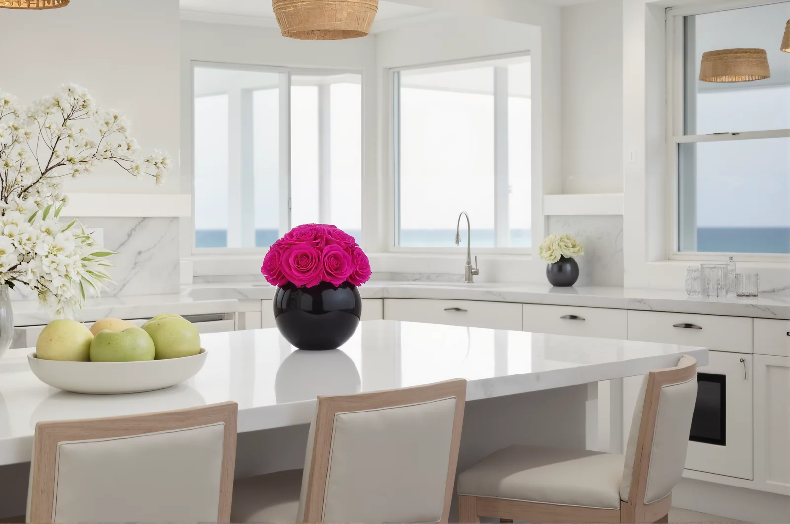Coastal kitchen with ocean view, white cabinetry, and pink roses