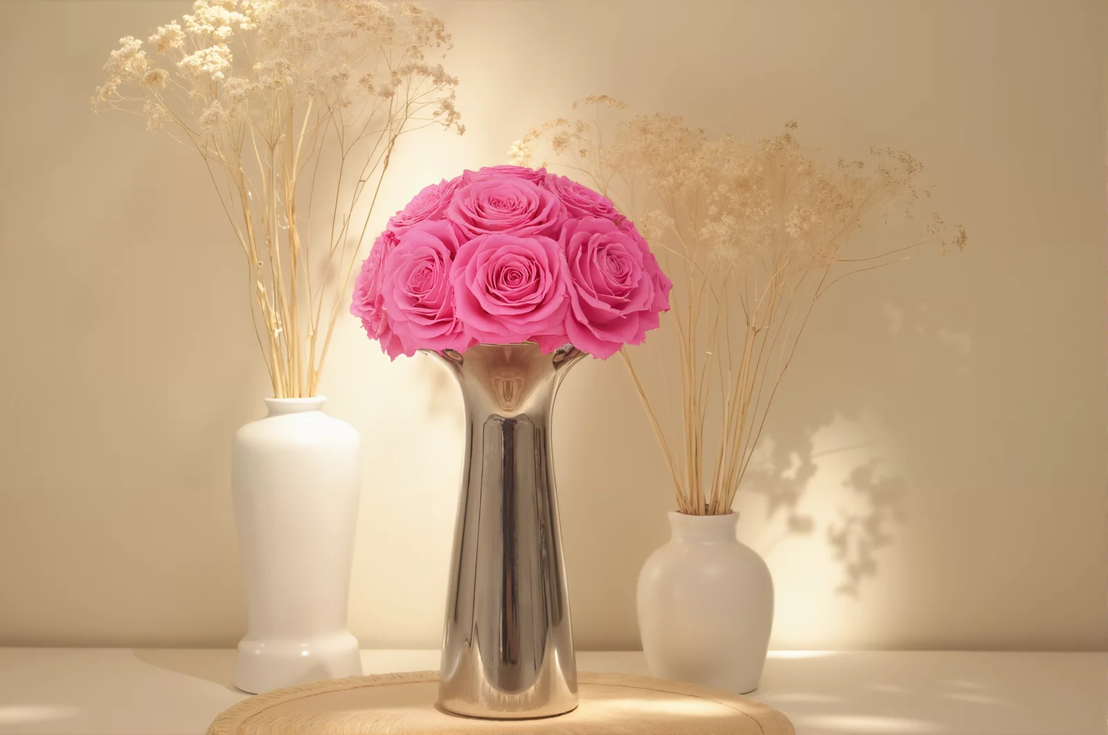 Elegant floral arrangement with pink roses in silver vase and dried baby's breath
