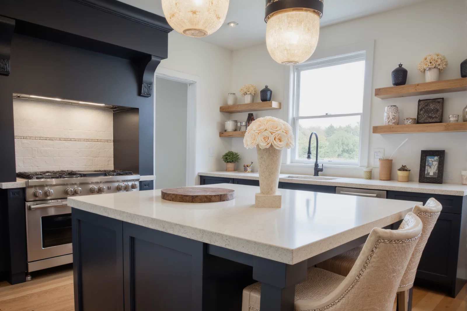Navy blue kitchen island with floral arrangements, modern centerpiece.