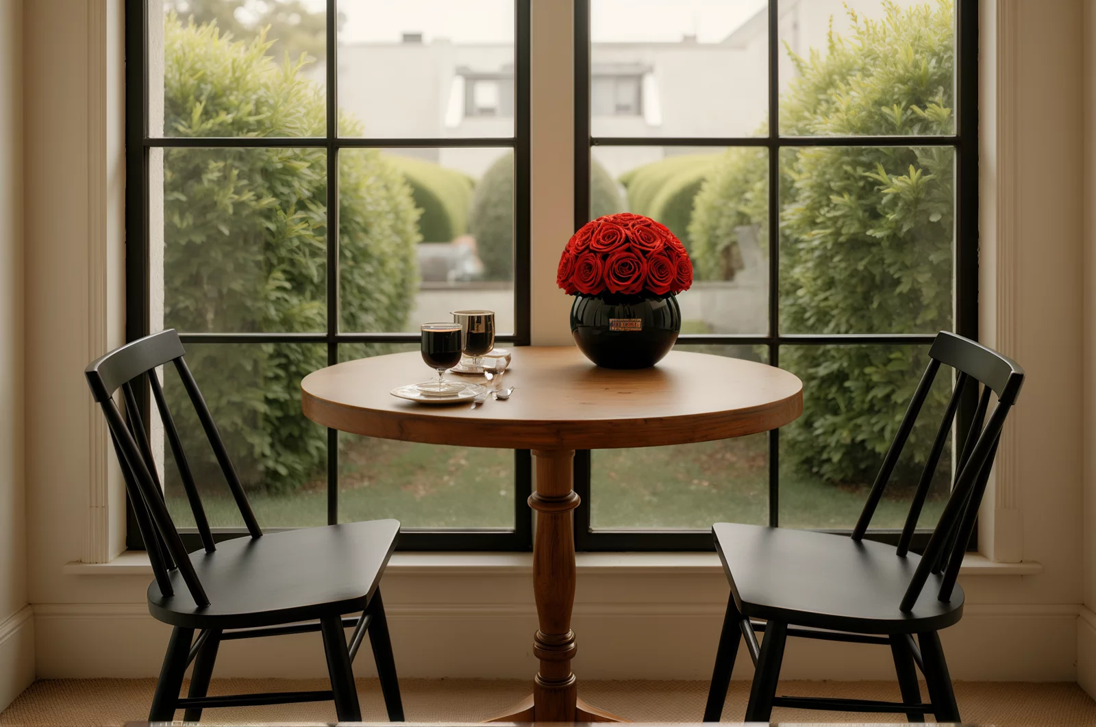 Vase with red roses on a dining table, cozy floral arrangement.
