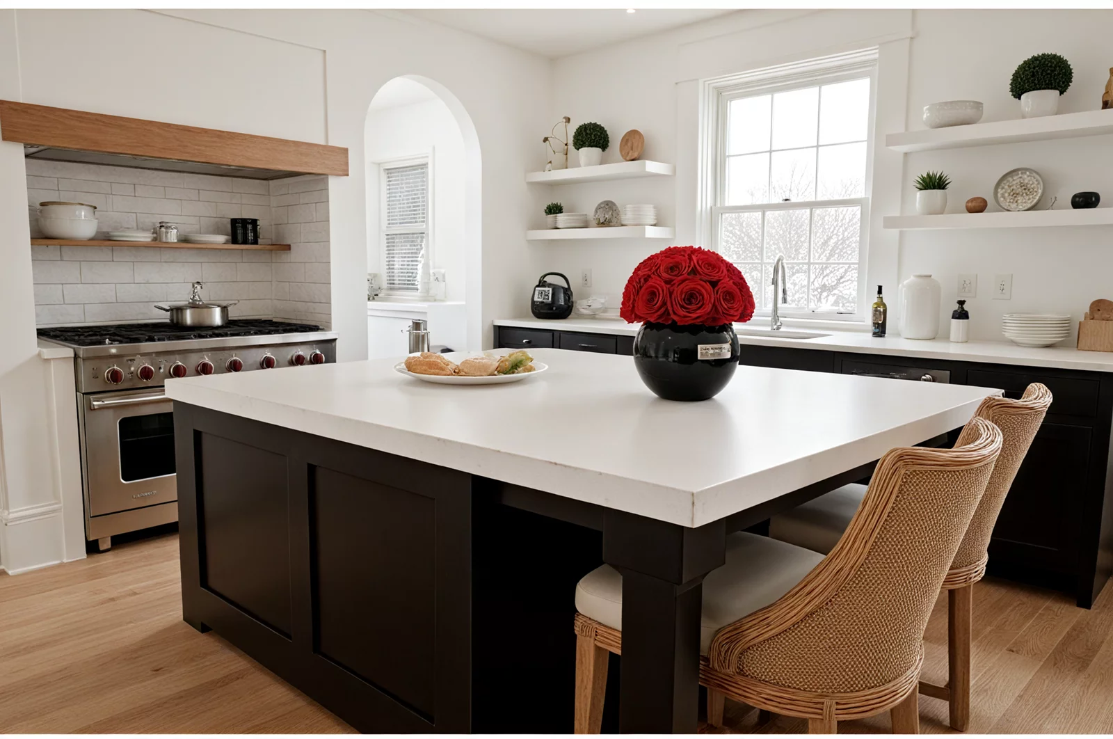 Vase with red roses on a kitchen island, modern floral centerpiece.