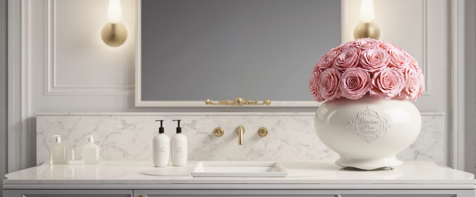 White ceramic vase with pink roses in a bathroom, elegant floral display.