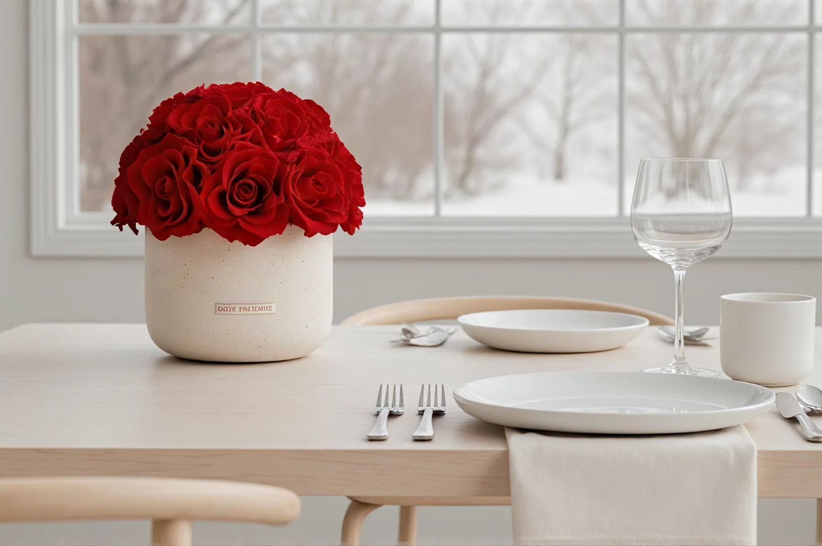Beige ceramic vase with red roses on a dining table, minimalist floral arrangement.