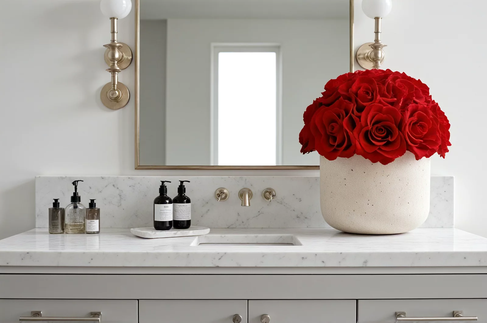 Cream-colored vase with red roses in a bathroom, elegant floral arrangement.